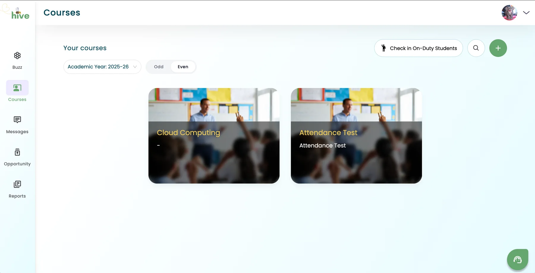 The staff dashboard: courses by academic year, with on-duty check-in